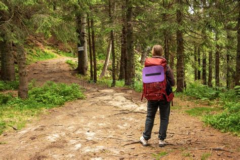 Young Girl with Backpack Trekking Forest Path for Hiking in Mountain ...