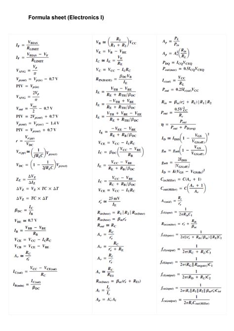 Formula Sheet Electronics Studocu