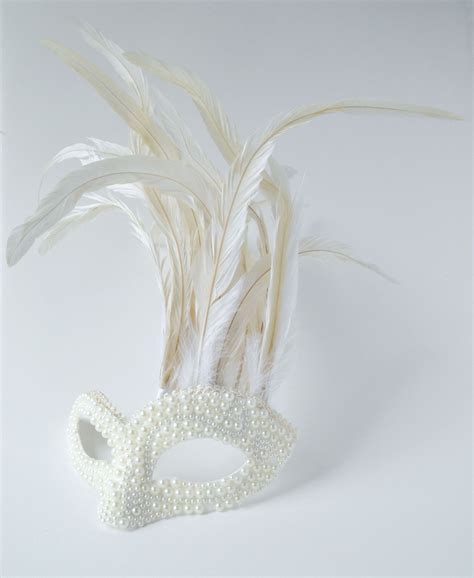 White masquerade mask, tall feathers, wedding mask, pearls, mardi gras ...