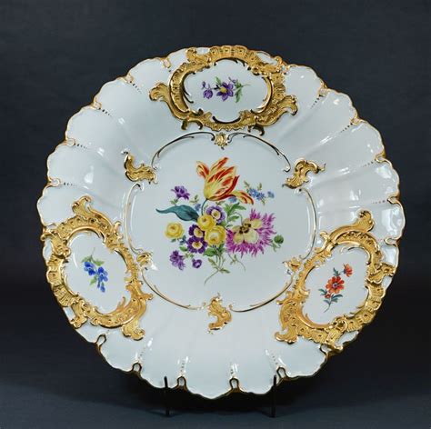 1880 Victorian Meissen Dresden Porcelain Deep Plate Bowl Gold Relief