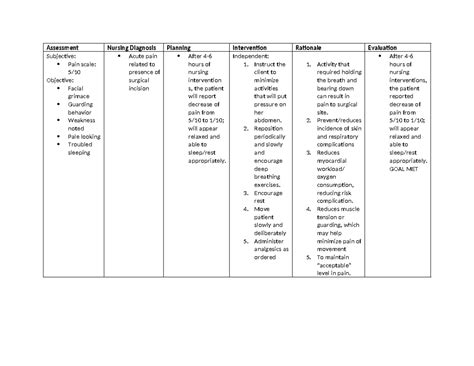 Nursing Care Plan Assessment Nursing Diagnosis Planning Intervention Rationale Evaluation