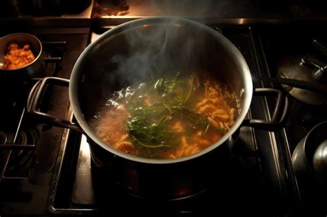 Premium Ai Image Overhead View Of Boiling Pot Of Soup On Stove