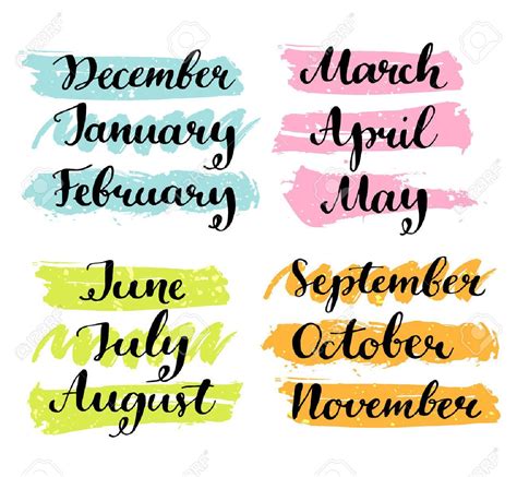 Handwritten Months Of The Year Calligraphy Words For Calendars And