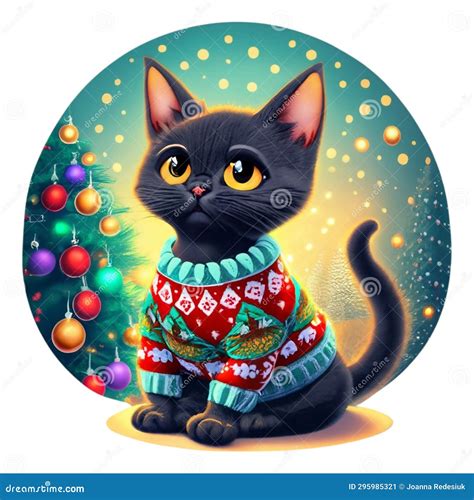 Black Kitten On The Background Of Christmas Trees Round Graphics Stock