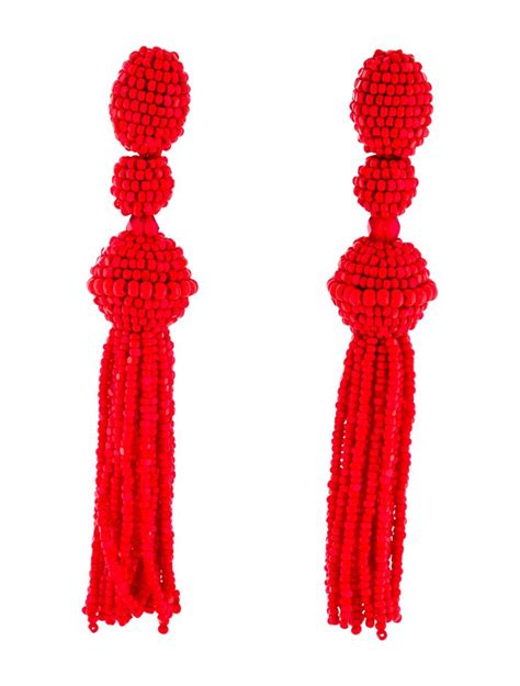 Gold Tone Oscar De La Renta Tassel Earrings With Red Beads Throughout