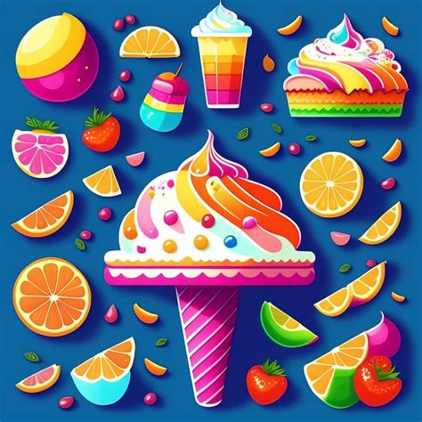 Uma ilustração colorida de sorvete e um cone diferentes sabores de