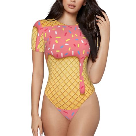 Easygdp Pink Ice Cream Womens One Piece Swimsuit Slim Fit Crew Neck