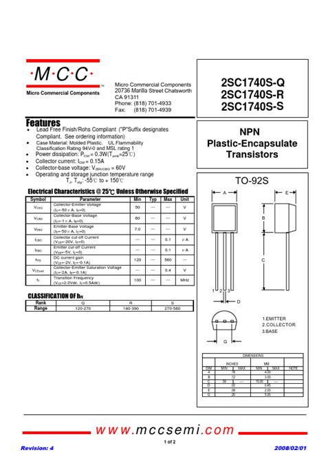 2SC1740S S Datasheet Pdf MCC