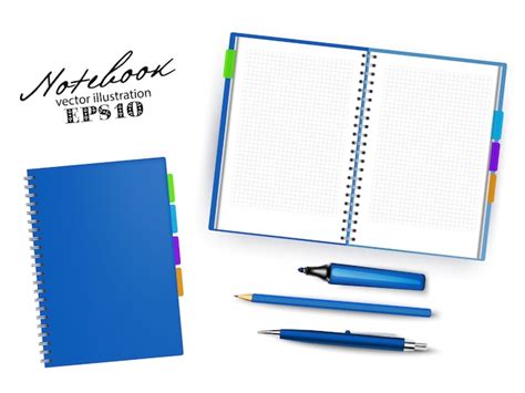 Modelo de caderno aberto e fechado azul escuro azul caneta lápis e