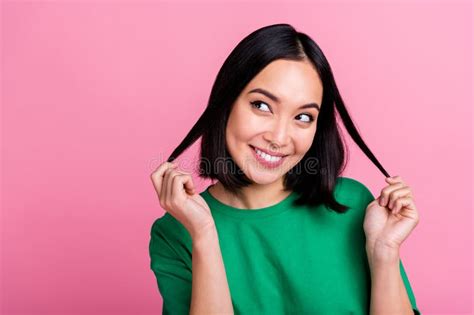 Photo Of Good Mood Satisfied Girl With Bob Hairdo Wear Green T Shirt