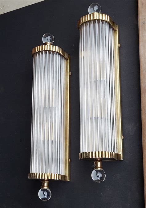 Pair Vintage Art Deco Light Old Lamp Wall Sconces Fixture Brass Glass