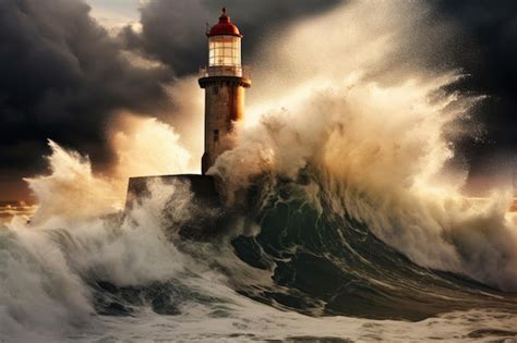 Premium Ai Image Stormy Sea With Big Waves And Lighthouse 3d Render