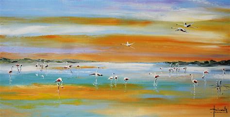 TABLEAU PEINTURE DES FLAMANTS ROSES OIL PAINTING FLAMANTS ROSES