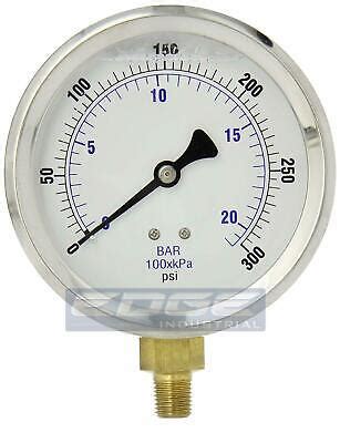 LIQUID FILLED PRESSURE GAUGE 0 300 PSI 4 FACE 1 4 LOWER MOUNT EBay