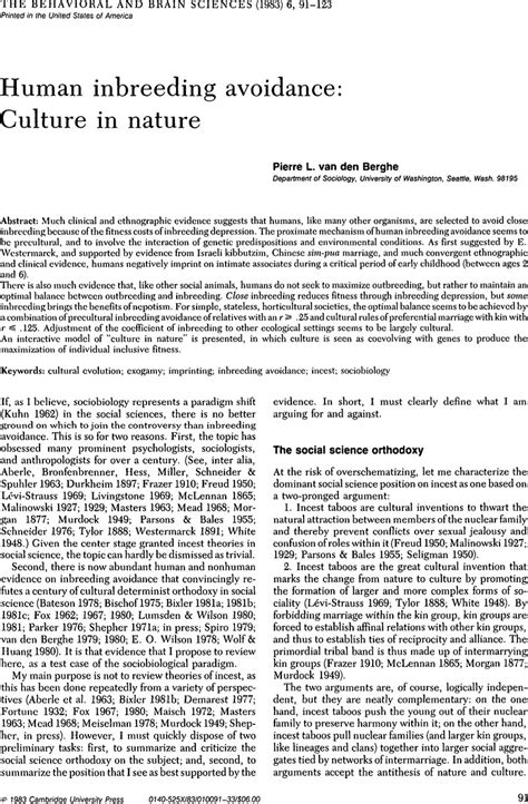 Incest Genes And Culture Behavioral And Brain Sciences Cambridge Core