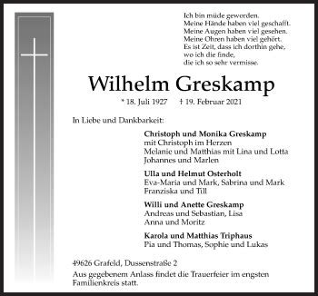 Traueranzeigen Von Wilhelm Greskamp Noz Trauerportal