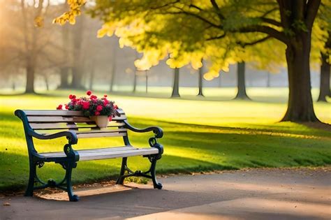 Premium Photo A Park Bench With Flowers In The Foreground