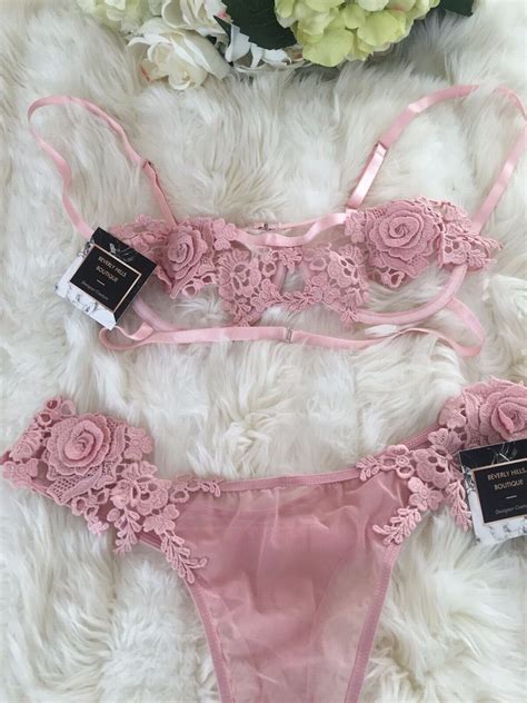 NEW 2 PIECE SET Petal Pink Bralette Sexy Lingerie Rose Appliqué Embroidered bra eBay