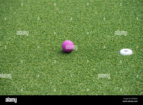 Miniature Golf Putter By Blue Ball And Hole Stock Photo Alamy