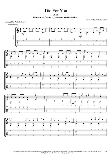 Die For You - Guitar Tablature - Digital Sheet Music | Sheet Music Plus