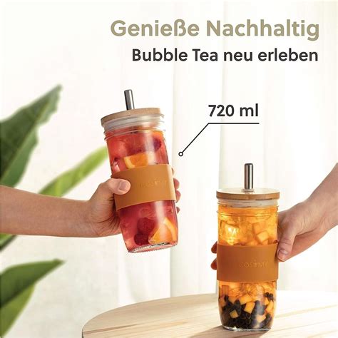 2 Bubble Tea Becher Glas Mit Strohhalm Und Deckel 720ml Mehrweg Tumbler