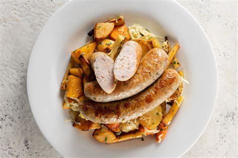 Nugget Markets Bratwurst With Roasted Root Vegetables Sauerkraut Recipe