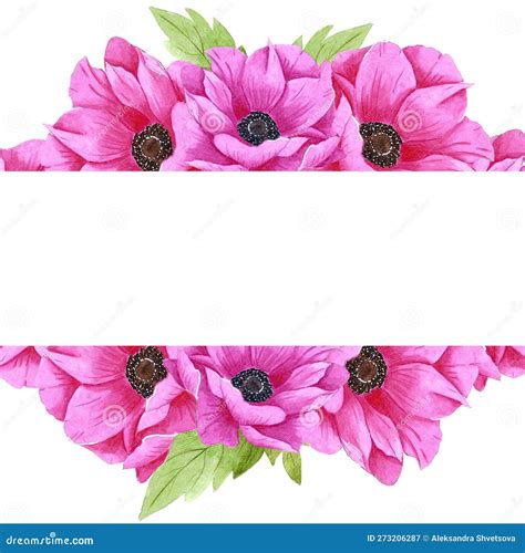 Hand Drawn Watercolor Pink Anemone Flower Wreath With Green Leaves