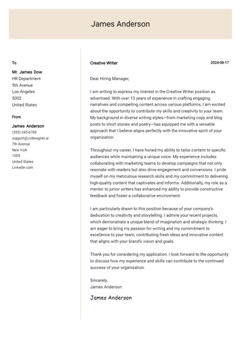 Creative Writer Cover Letter Example For 2024 Expert Tips And Templates Cvdesignerai