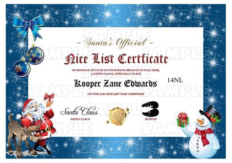 Personalised Santa Letter Goodnice List Certificate Nice List