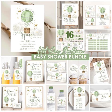 Hot Air Balloon Baby Shower Bundle Editable Invitation Games Signs