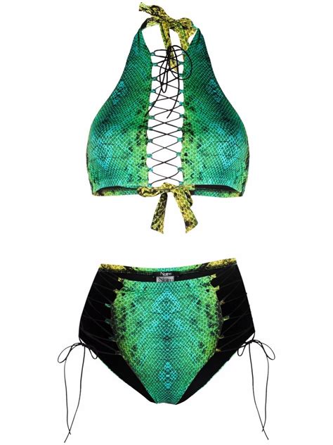 Noire Swimwear Snakeskin Print Lattice Strap Bikini Set Green FARFETCH