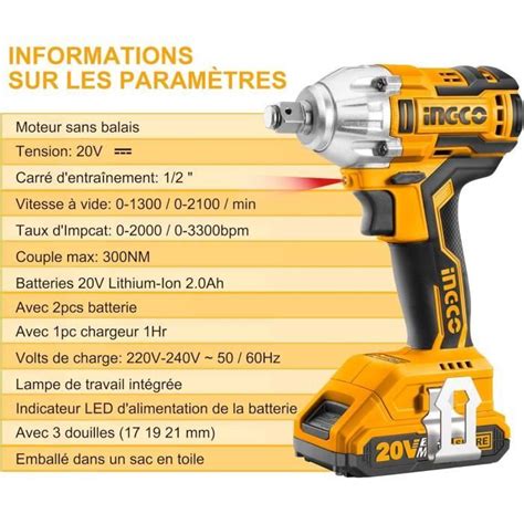 INGCO Clé à Chocs Sans Fil Brushless 20V avec 2 batteries 2 0Ah 1