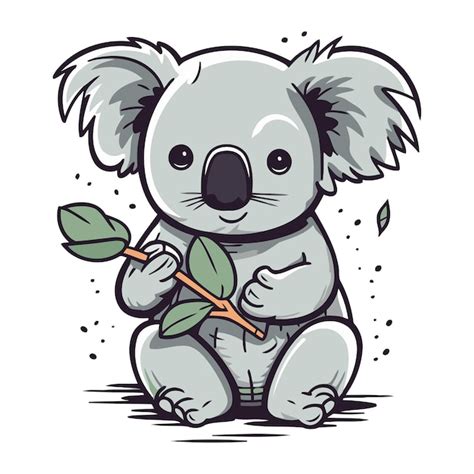 Un Lindo Koala De Dibujos Animados Con Una Rama De Eucalipto Vector