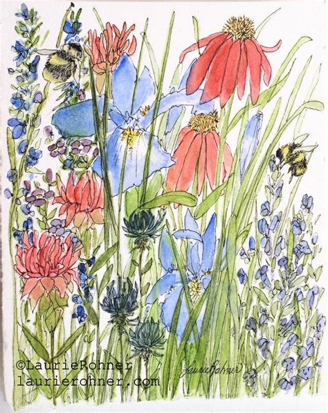 Woodland Wildflowers Botanical Garden Bees Watercolor Original Nature Art - Laurie Rohner