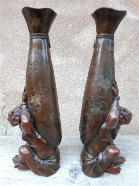 Proantic Paire De Vases Japonais En Bronze Japon Poque Meiji