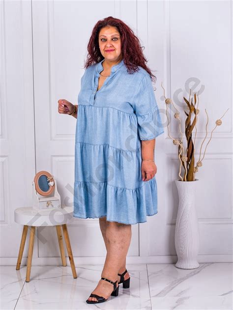 Rochie Maxi Din Denim Cu Volane Albastru Deschis Cod