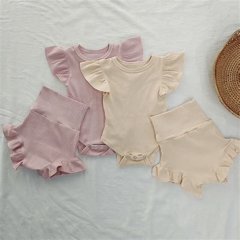 2 pçs roupas da menina do bebê verão infantil rib algodão plissado