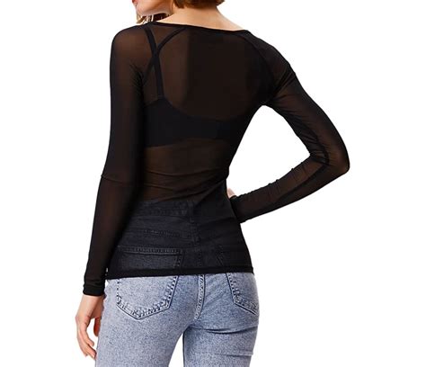 Women Sheer Mesh T Shirt Ladies Long Sleeve See Through Round Neck