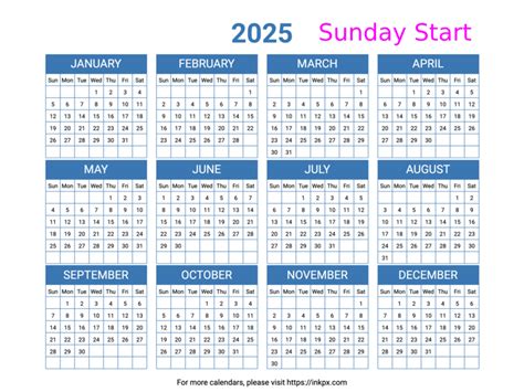 Free Printable Minimalist Blue Table Calendar Landscape Sunday