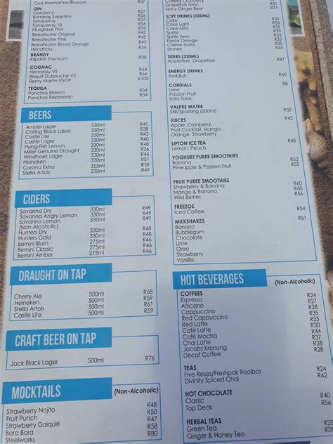 Menu at California Dreaming restaurant, Durban, 150 Marine Parade