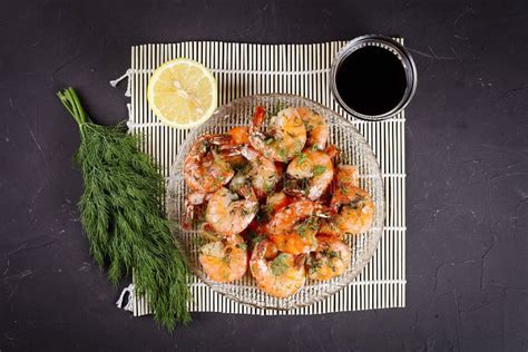 Fried King Prawns In A Plate On A Bamboo Mat Stock Photo Image Of