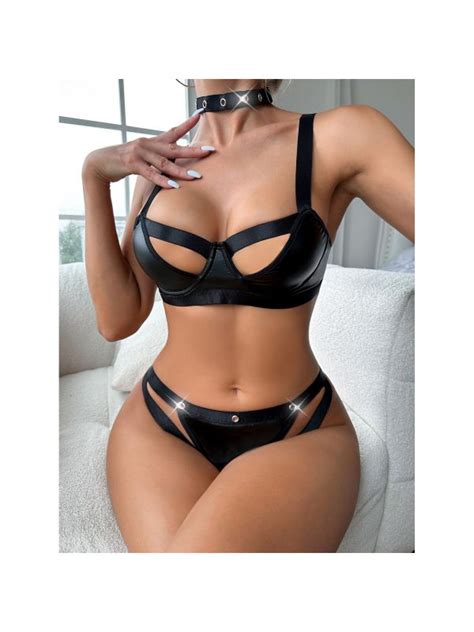 Iefiel Womens Sexy Pu Leather Lingerie Set Cut Out Bra Top With Briefs