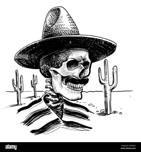 Dead Mexican bandit in sombrero hat in the desert. Ink black and white ...