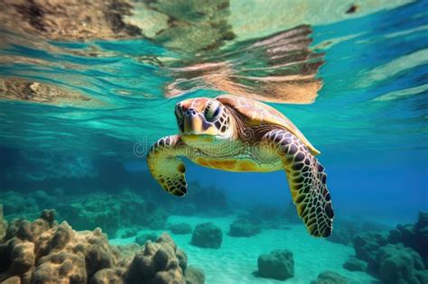 Hawaiian Green Sea Turtle Swimming In The Deep Blue Ocean Green Sea