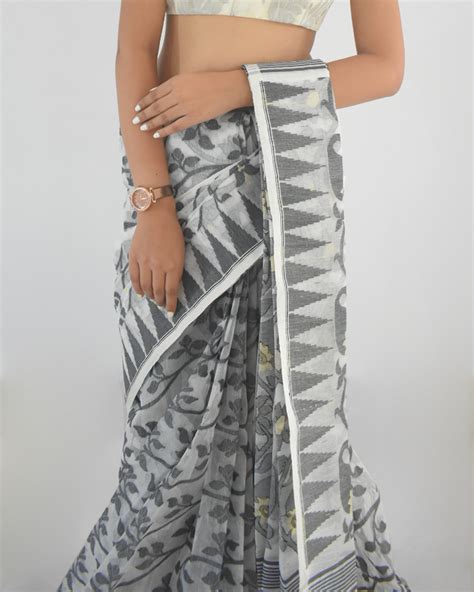 Cirrus Cloud Black And White Jamdani Saree The Ocau