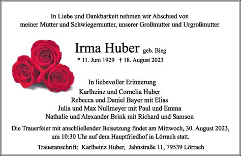 Traueranzeigen Von Irma Huber Schwarzw Lder Bote Trauer