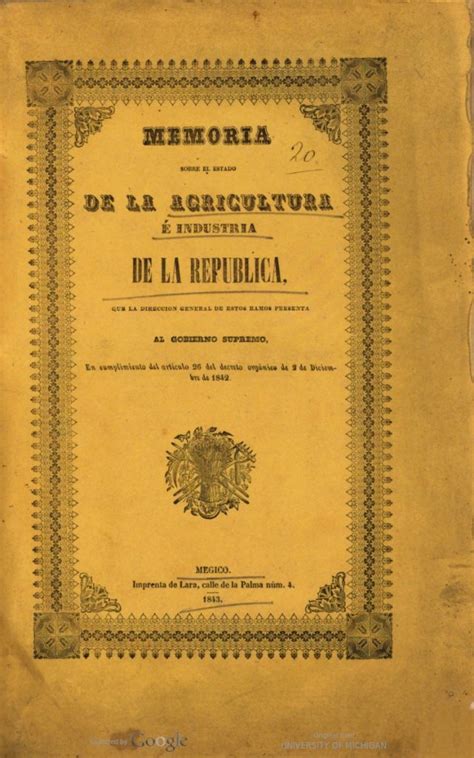 Memoria Sobre El Estado De La Agricultura Industria De La Rep Blica