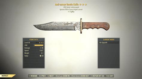 3 Anti Armor Bowie Knife Swing Speed 1 Agility Fallout 76 Pc