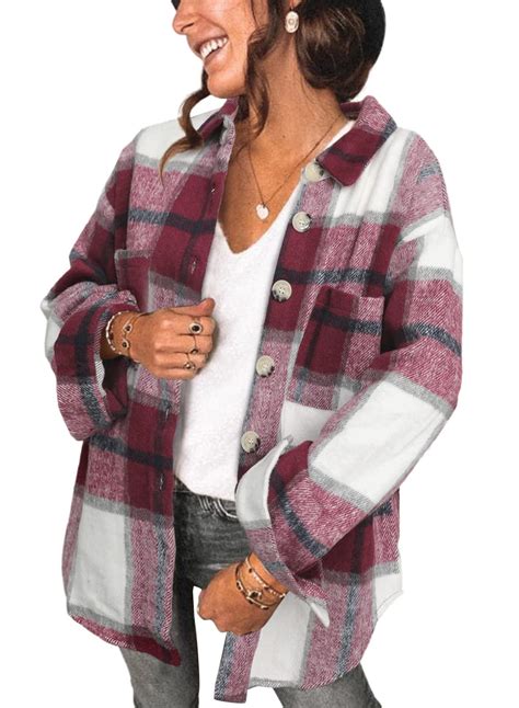 Shewin Womens Long Sleeve Plaid Shirts Flannel Lapel Button Down Shacket Jacket Coats Large A