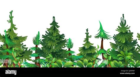 Pine Forest Coniferous Spruce Trees Seamless Horizontal Illustration Landscape Cartoon Style